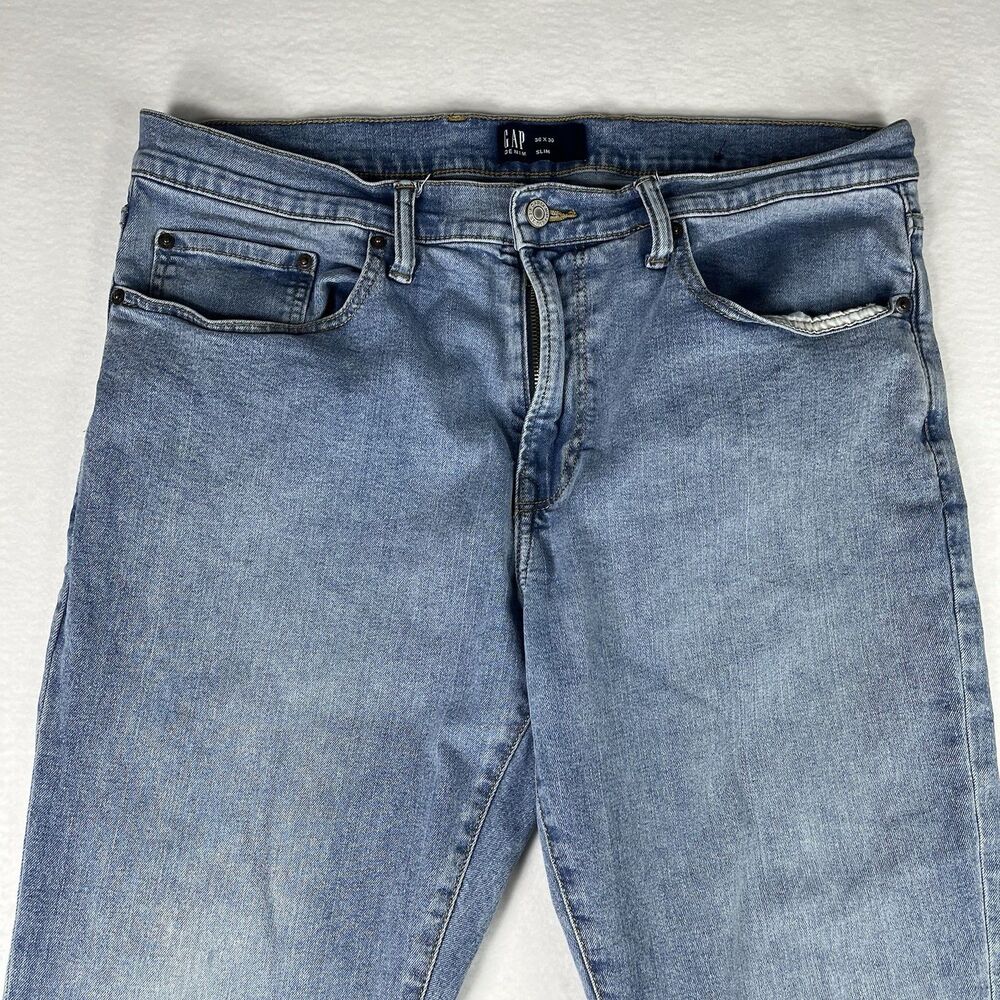 Gap Denim Jeans Mens 36 X 30 Slim Leg Light Wash Stretch American Blue
